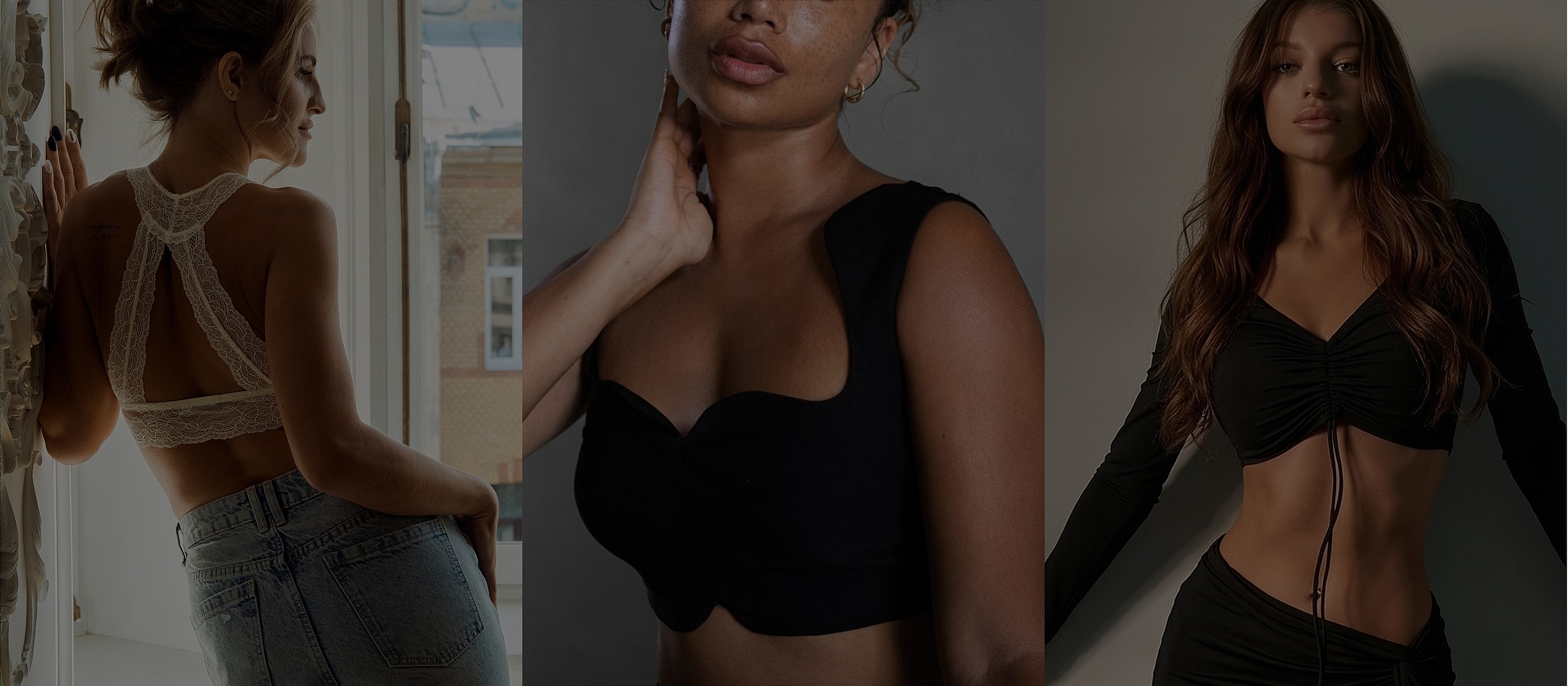 Three women modeling stylish tops.