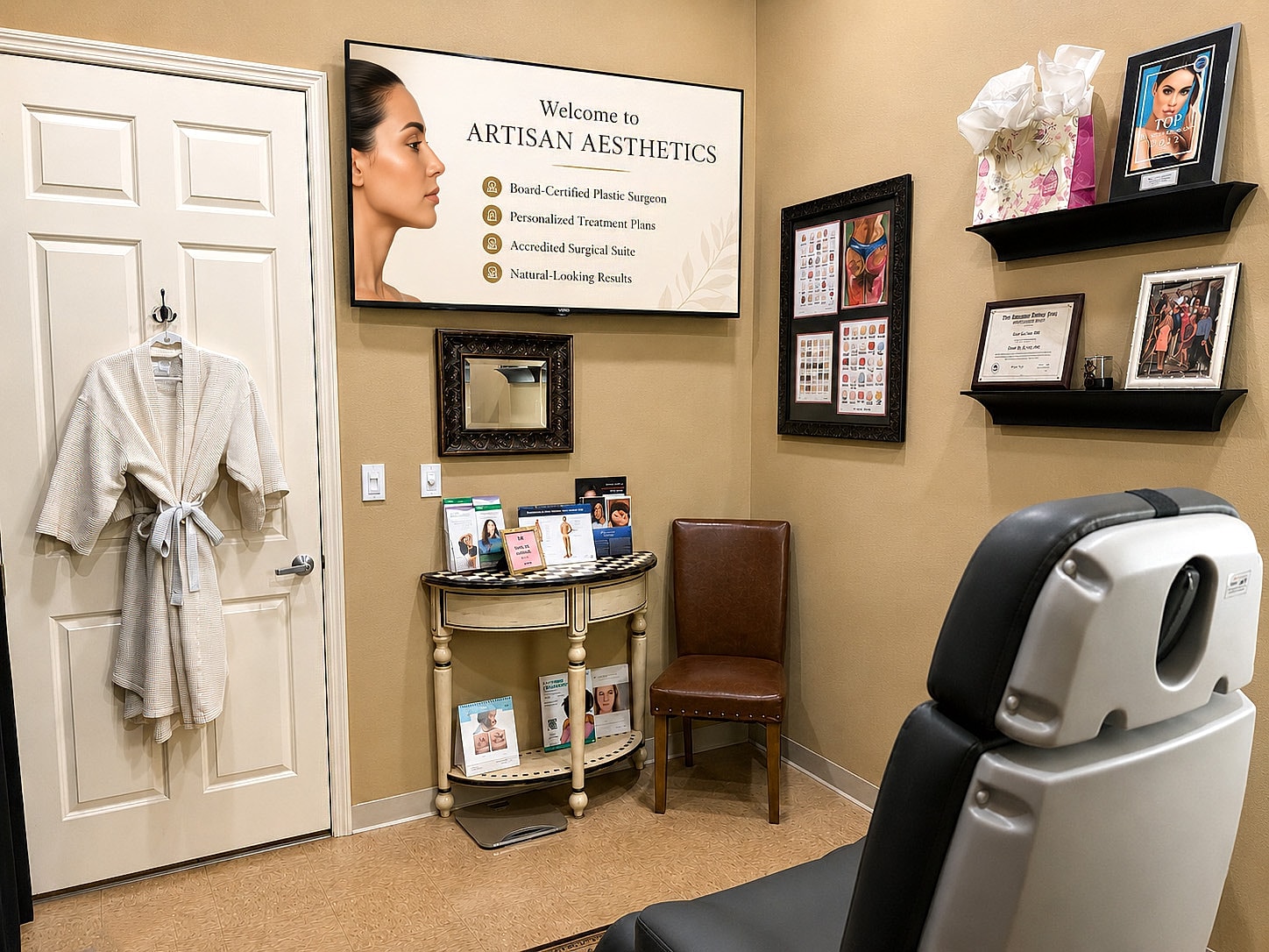 Aesthetic clinic welcoming environment with treatment options.