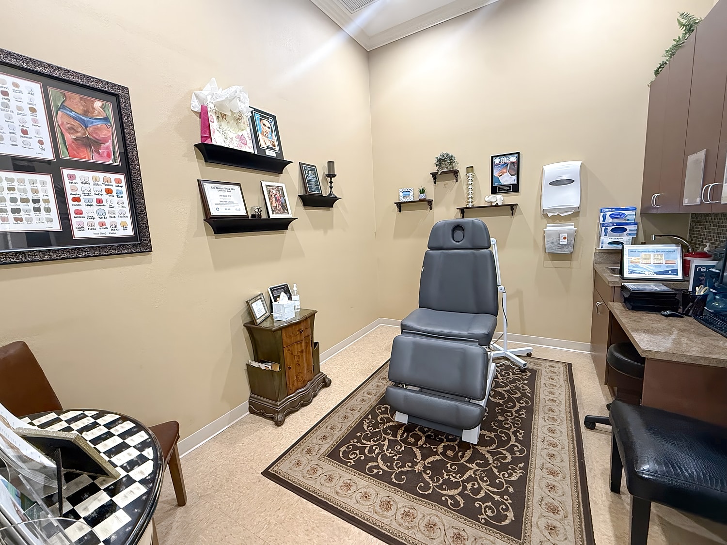 Medical office interior with examination chair and decor