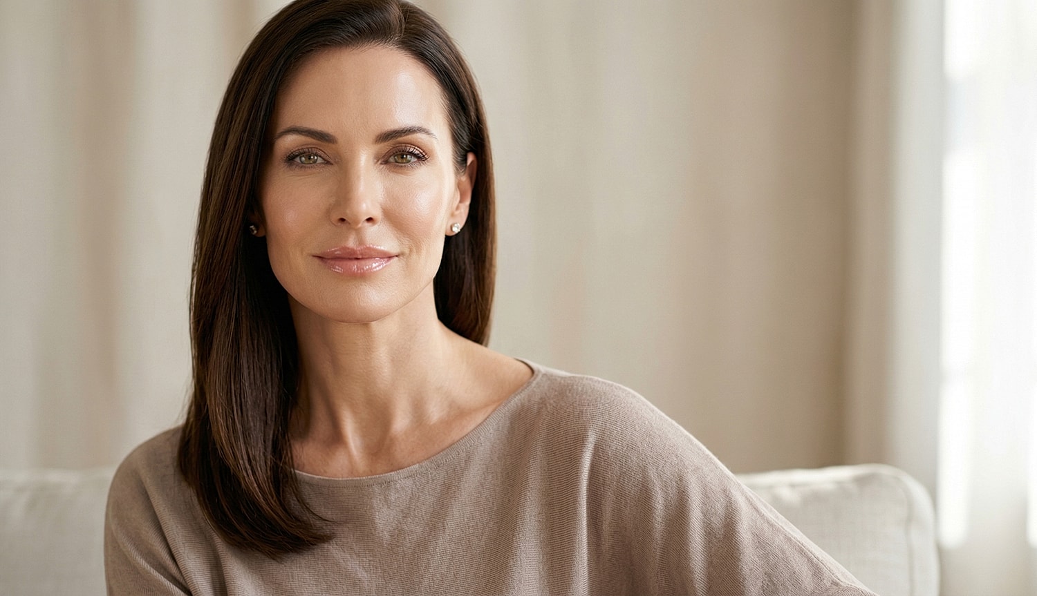 Smiling woman with long hair indoors.