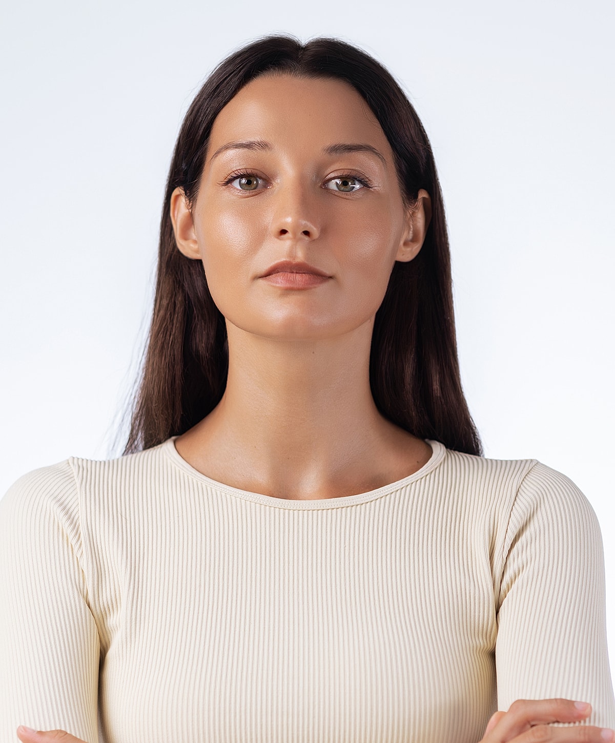 Portrait of a woman with long brown hair