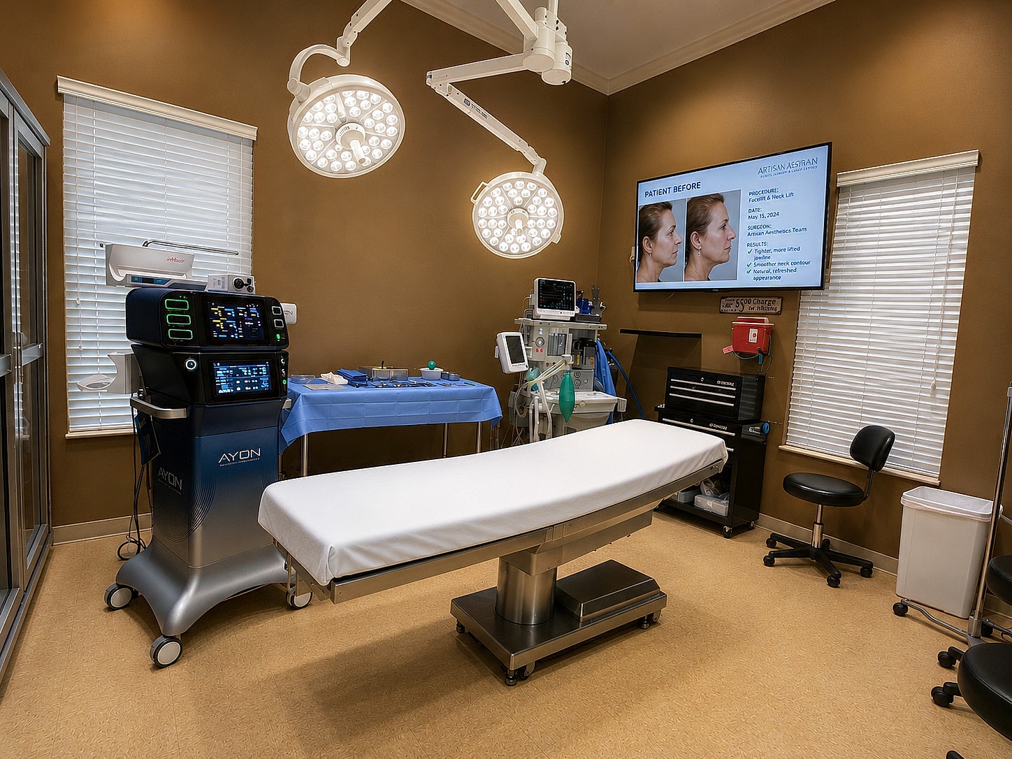 Surgical room with medical equipment and monitors.