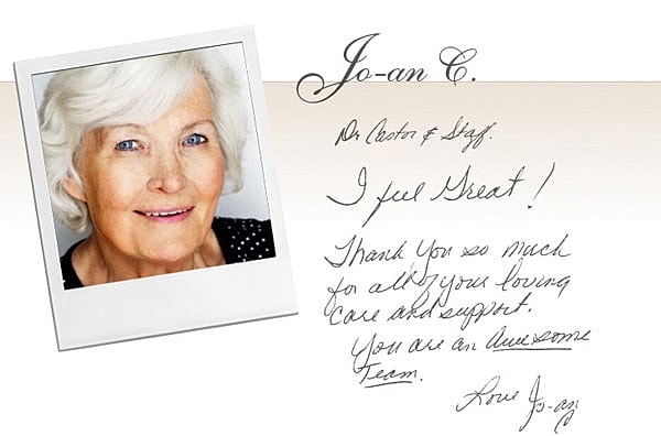 Senior woman expressing gratitude in handwritten note.