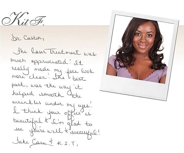 Client testimonial with photo and handwriting.