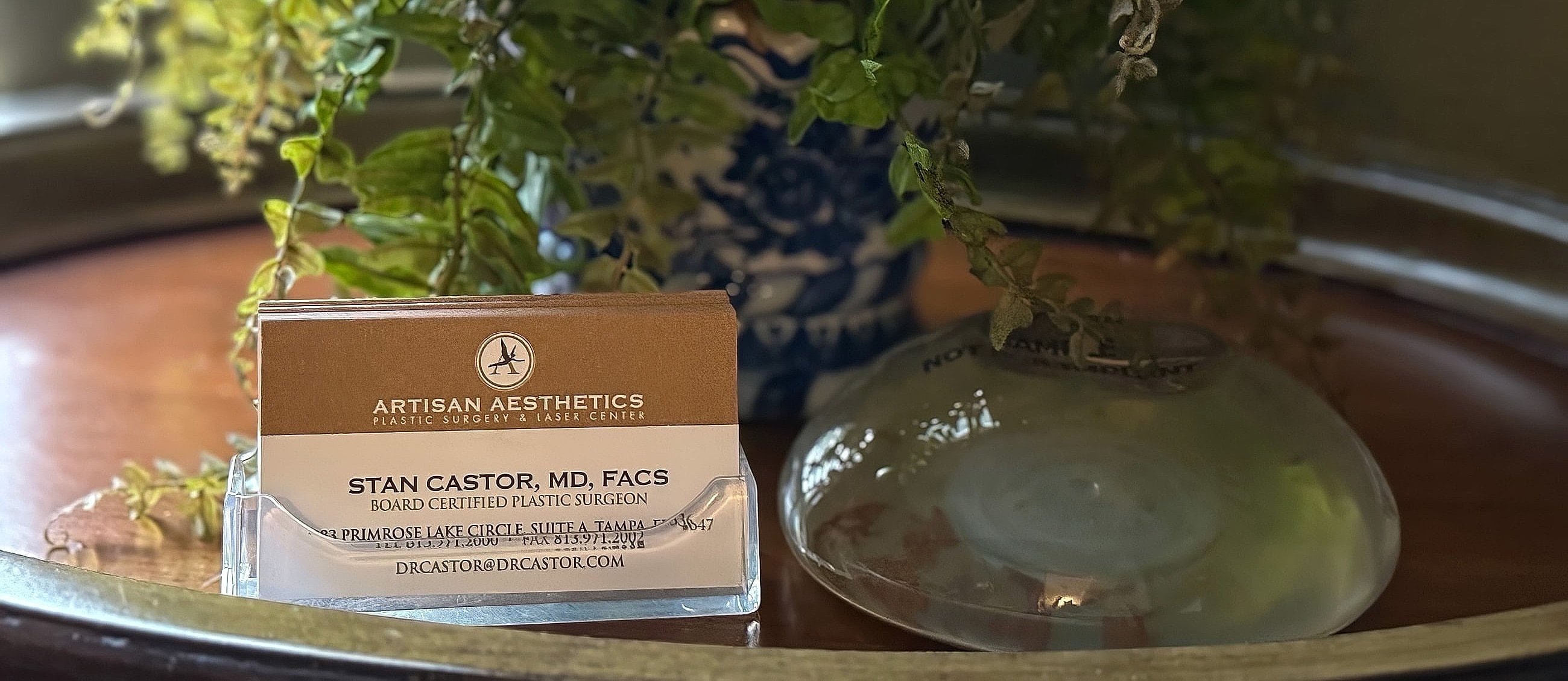 Business card on table with plants nearby.